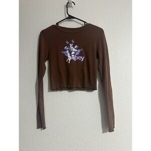 NWOT Obey Cherubs Its All Love S Cropped Long Sleeve T-Shirt Brown Purple Ruffle
